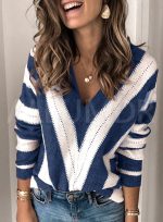 Aleumdr Women's Sweater Tops Lightweight Stripe Knit V Neck Long Sleeve Blue Jumper Tops 8 10 - Image 4