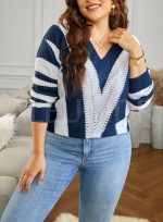 Aleumdr Women's Sweater Tops Lightweight Stripe Knit V Neck Long Sleeve Blue Jumper Tops 8 10 - Image 8